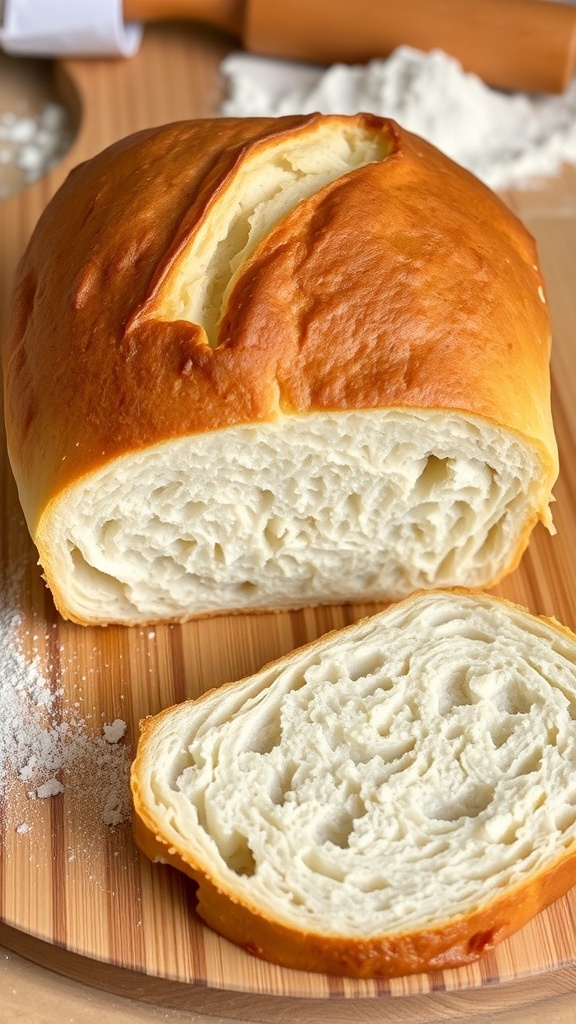 A golden crusted loaf of artisan bread on a wooden board, with a slice cut to show the soft interior.